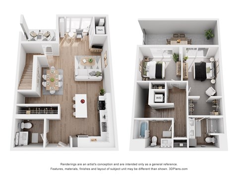 Two images of a floor plan of a house with a kitchen, living room, and bedrooms.